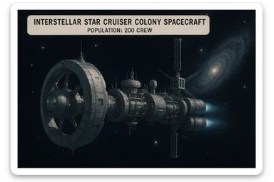 deep space textbook image of a interstellar star cruiser colony spacecraft with a population of 200 crew sticker