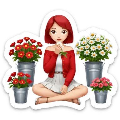 a woman sitting on a tiled surface surrounded by various bouquets of flowers in metal buckets and glass vases. She is holding a single white flower up to her face, covering it playfully. She wears a red off-shoulder cardigan and a white skirt. sticker