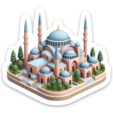 Isometric miniature of Istanbul, centered on Hagia Sophia with domes and minarets, surrounded by a few low-rise buildings and greenery, in pastel diorama style, soft shading. sticker