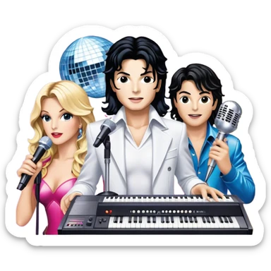 Pop music icon: vibrant stage with bright lights, microphone, synthesizer, disco ball. Collage of famous pop artists—Michael Jackson, Madonna, Britney Spears, and Taylor Swift—symbolizing iconic eras. Energetic and dynamic. Transparent background. sticker