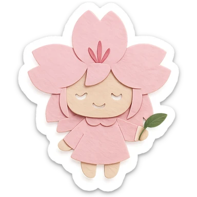 chibi sakura blossom, soft pastel colors, full-body, holding a tiny leaf, clean lines sticker
