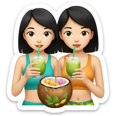 Two girls drinking out of a coconut one is Asian with black hair the other is white with blonde hair  sticker