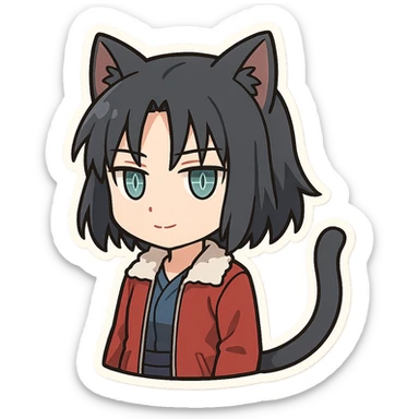 chibi Ryougi Shiki with cat ears and cat tail, Mystic Eyes of Death Perception, reserved and stoic expression, subtle smile, true to her personality sticker