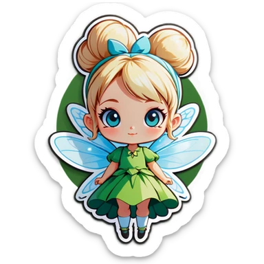 Fairy who has blonde bun and blue eyes and wears green sticker