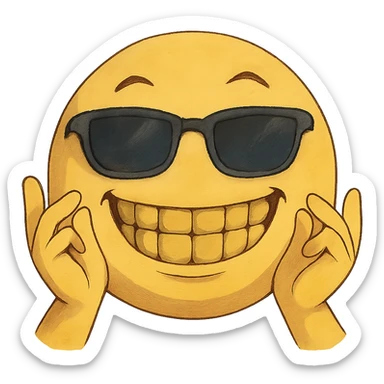 ghibli style yellow emoji with sunglasses, hands up, fingers rubbing together, huge smile, bright grills sticker