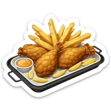 Piezas de pollo frito y papas fritas en baston sobre una bandeja rectangular plateada que contiene papel con patrón de cuadros blancos y negros  sticker