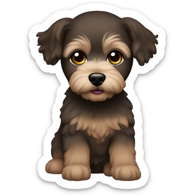 Caucasian woman, medium straight brown hair and brown eyes. with black maltipoo sticker