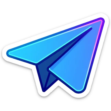 Telegram paper airplane logo in classic blue color, with neon glow lines, blue neon glow on top left, purple neon glow on bottom right sticker