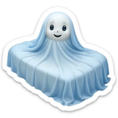 An adorable, peacefully floating sheet-like ghost in gentle pastel whites and blues, its soft, rounded form loosely draped, head resting with closed, serene sparkling eyes and a tiny, contented smile, simplified yet irresistibly charming, highly detailed, with a soft glowing outline that captures the essence of a sleepy, endearing spirit wrapped in cozy slumber! sticker