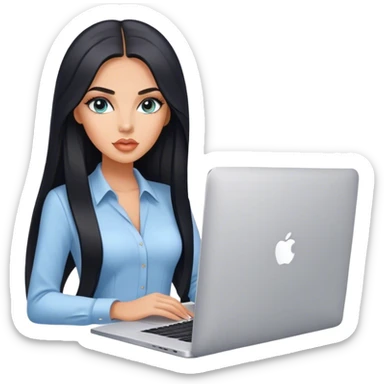 Glamours tanned very beautiful girl with pump peach/beige lips and black straight smooth long hair, blue-grey eyes with MacBook in office sticker