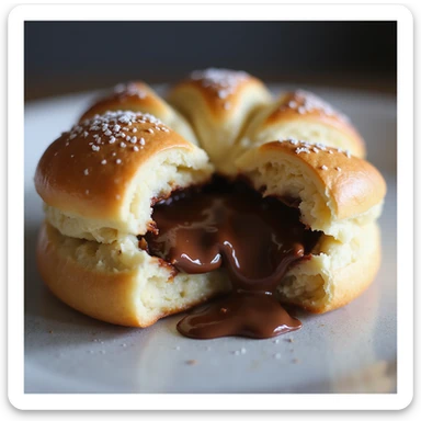 A Brioche Pasquier pitch pastry being crunched open, revealing gooey chocolate filling inside, in a realistic and appetizing style sticker