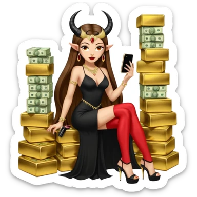 Sensual seductress long brown straight haired sexy drug lord woman with  glitter platform high heels on her feet,  and devil black horns on her head, holding a stack of cash, has a phone in other hand. Sitting on gold cases full of drugs, long black dress with sexy slit sticker