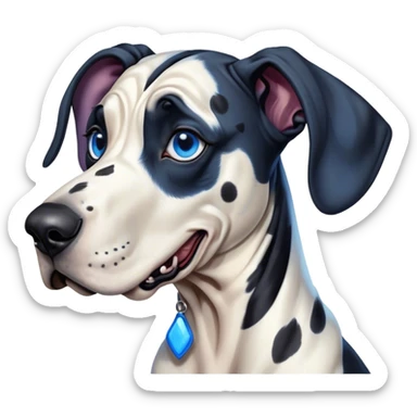 Cinematic Comical Harlequin Great Dane Portrait Emoji, Head tilted dramatically with an exaggeratedly shocked or amused expression, featuring a striking coat of predominantly white with vivid black patches, wide, expressive blue eyes filled with playful disbelief, Simplified yet hilariously expressive features, highly detailed, glowing with a slightly sassy glow, high shine, dramatic yet playful, stylized with an air of cheeky charm, bright and endearing, soft glowing outline, capturing the essence of a spirited and over-the-top guardian, so meme-worthy it feels like it could side-eye its way into internet fame instantly! sticker