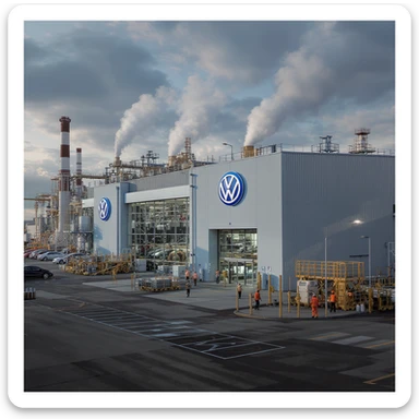 Realistic Volkswagen factory exterior, large industrial building with Volkswagen logo, parking lots filled with cars, factory grounds with machinery and equipment, realistic lighting and shadows, industrial atmosphere, workers in uniforms walking around sticker