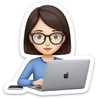 chica blanca con pelo castaño oscuro con gafas de vista, que se vea trabajando con un portatil sin logo  sticker