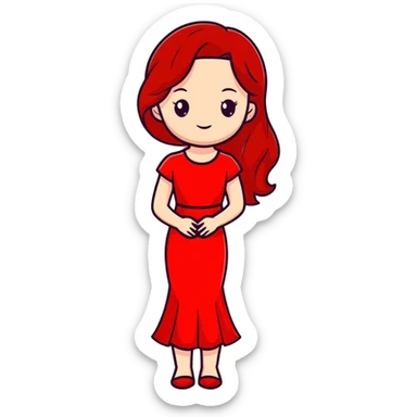 Fair-skin elegant girl in red long dress with long red hair sticker