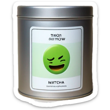 realistic, lit matcha scented candle, silver tin, small white label, text sticker
