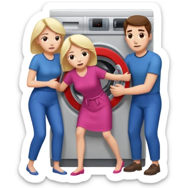 Eine Frau mit dem Kopf  in der Waschmaschine feststeckt und zwei Männer die hinten an ihr ziehen um ihr zu helfen  sticker