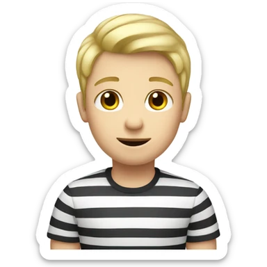 A blond boy with a dark moustache and short hair with a stripe shirt  sticker