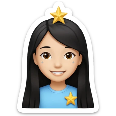 A girl in white with black long straight hair with star hairclip and light brown skin sticker