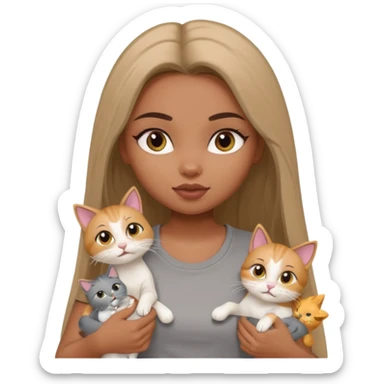 a pretty bratz dusky girl with long straight hair playing with 2 cats nd wearing a grey tshirt sticker