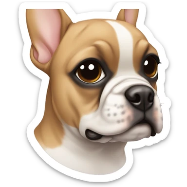 Light brown Frenchie with a white stripe on face and a black eye and a black spots sticker