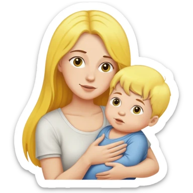 mom with long brown hair holding boy baby with yellow hair sticker