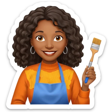 FEMME FRISÉ 60 ANS CHEVEUX NOIR FRISÉ ONDULÉ TRÈS  LONG , SOURIANTE AVEC CHANDAIL ORANGE ,   YEUX BLEU ET UN PINCEAU À LA MAIN LA MAIN AVEC 5 DOIGT SEULEMENT ET TABLIER sticker