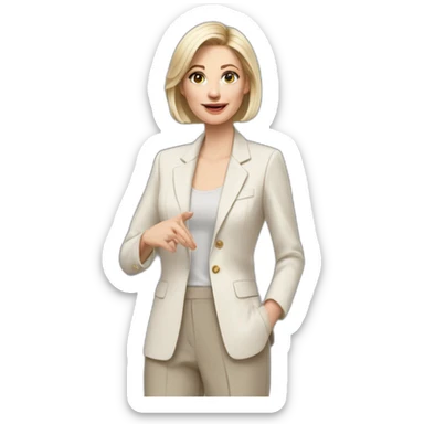 Full height Actively gesturing with hands pale skin woman with ash blonde Straightened bob Hair, White Spacious classical jacket, beige palazzo Arrow pants and gray blouse sticker