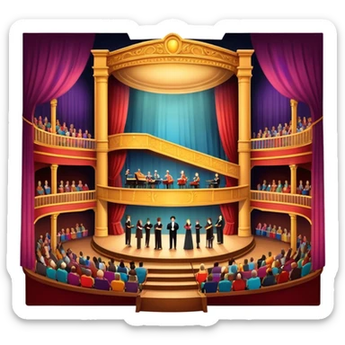 An icon depicting a theater stage with actors performing a play, illuminated by dramatic lighting. The audience watches from colorful balconies, while an orchestra plays in the pit, creating an immersive atmosphere. transparent background. sticker
