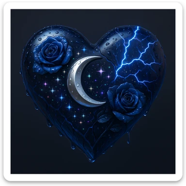 Create a gothic heart made of deep blue glass with a silver crescent moon, midnight blue roses, holographic stardust, neon lightning, drenched look, and splintered glass texture. The style should emulate the 3D emoji style with a focus on depth and shine. sticker