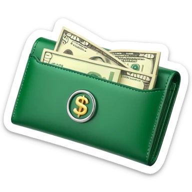 Rich emoji style greenleather wallet with dollar bills, luxury money vibe, premium 3D emoji, ultra clean, high detail, no background sticker