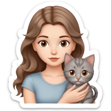 A beautiful  white girl with  brown waves and  a gray kitten and tococo sticker