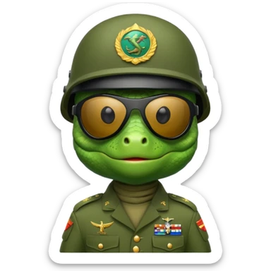 Lizard in military uniform with  black sunglasses and military helmet sticker