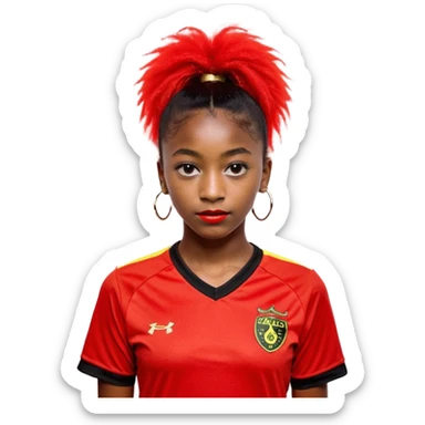 A imagem retrata um jovem de cabelo vermelho-neon e corte moderno, vestido com uma camisa de futebol preta e vermelha e uma corrente de ouro. Ele está em um ambiente interno, olhando para a câmera com uma expressão engajada e as mãos levantadas em um gesto de ênfase sticker