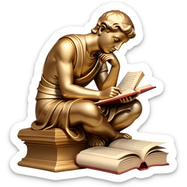 An icon featuring a thinker statue, a scroll, symbolizing philosophy. The design includes books and abstract symbols representing deep thought and wisdom. Transparent background highlights the study of ideas, logic, and existential questions sticker
