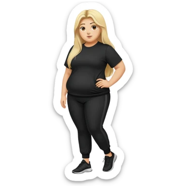 Fat woman in black jogging bottoms and black shirt long hair blonde hair with black roots sticker