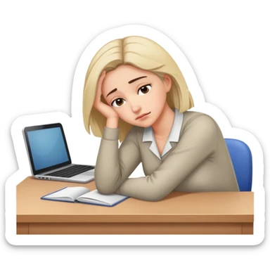 Tired woman leaning head on one hand, elbow on desk sticker