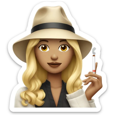 blonde girl in stylish hat with cigarette sticker