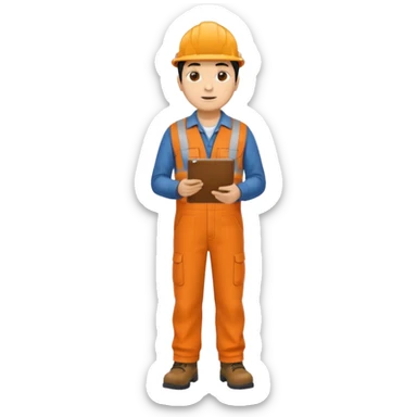 Indian male railway engineer orange overalls, boots holding a clipboard facing backwards sticker
