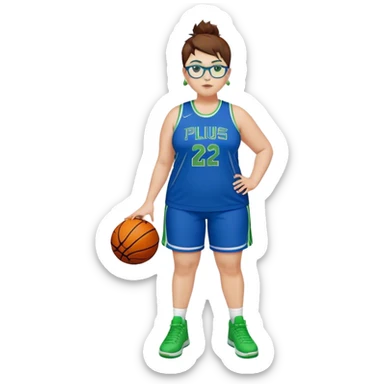 Full Body white plus size Girl with basketball spikey short brown HAIR wearing blue glasses with green eyes wearing blue and green basketball uniform PLAIN WITH GREEN SHOES AND EARRINGS sticker