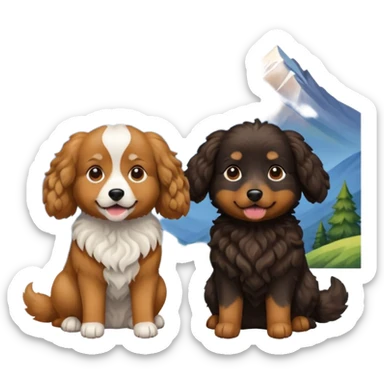 two dogs with wavy hair, one black and one brown with mountains sticker