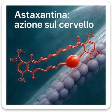 hyper realistic red astaxanthin molecule in motion penetrating a transparent blood-brain barrier, scientific atmosphere, realistic details, with text 'Astaxantina: azione sul cervello' sticker