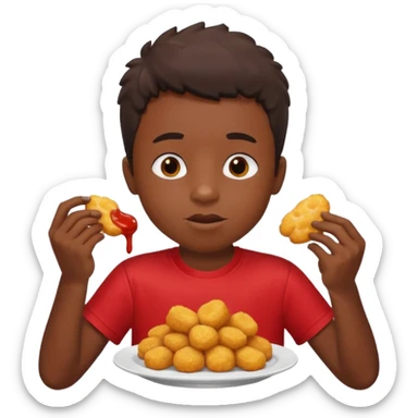 A boy with dark skin wearing a red and yellow t-shirt, eating star-shaped chicken nuggets with ketchup sauce. sticker