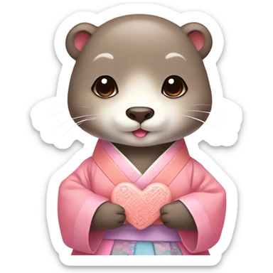A cute and lovely otter dressed in pastel-colored traditional Korean hanbok, holding a coral-pink heart sticker