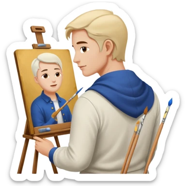 the white artist stands with his back to the painting, painting a portrait sticker