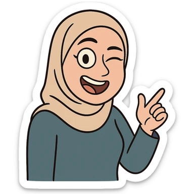 hijabi woman with medium fair skin, winking, cartoon style sticker