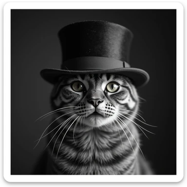 realistic grayscale photograph of a cat with a top hat, sharp details sticker