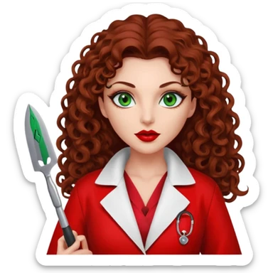 Lilith symbol seductress evil woman. She has green eyes.  had brown long curly hair.  evil surgeon kills with scalpel wears red sexy doctor coat with red mouth cover sticker