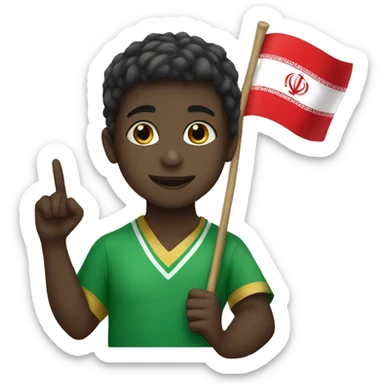 A dark-skinned boy with an Iranian flag and a victory sign sticker